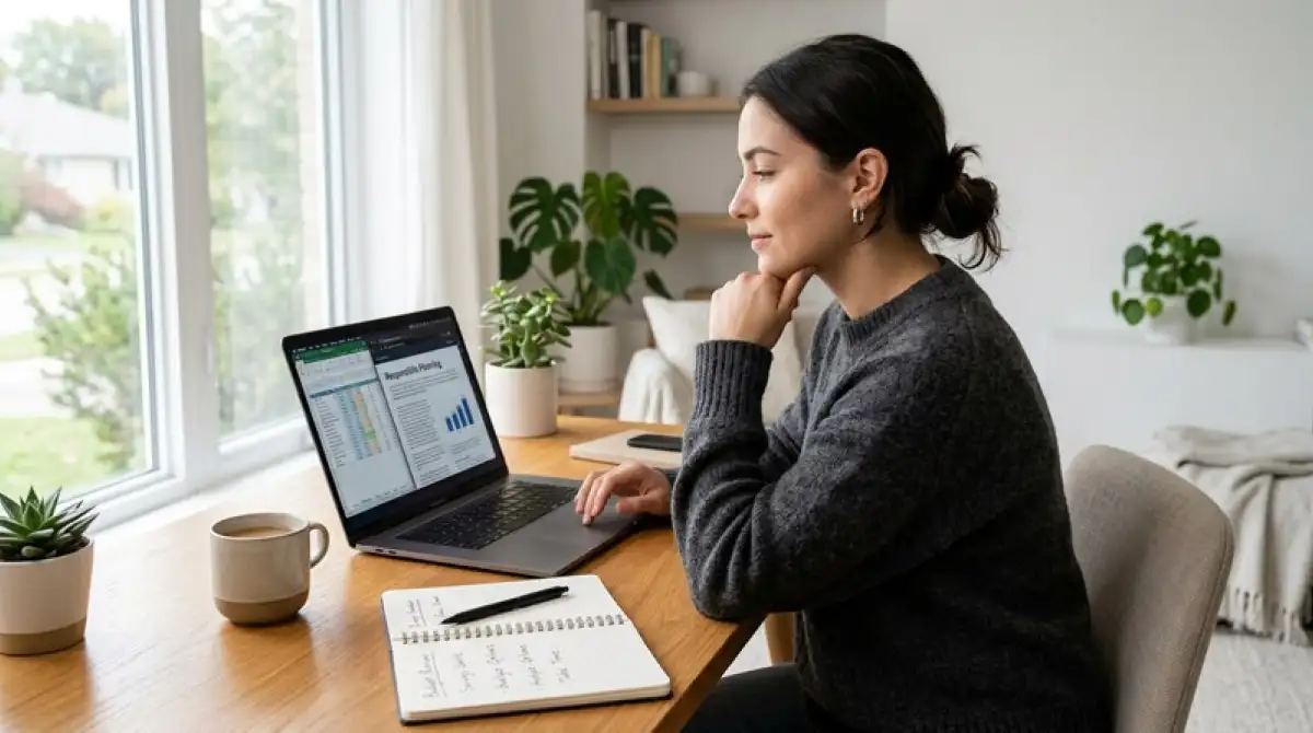 Person am Laptop in nachdenklicher Haltung mit Notizbuch