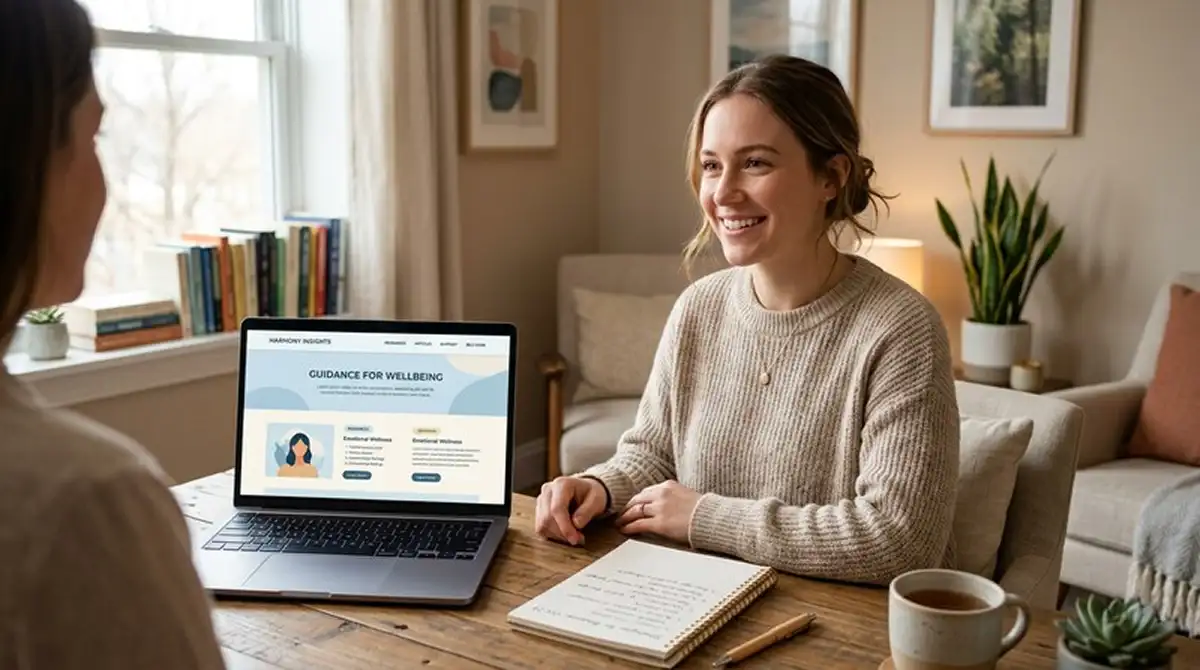 Person am Laptop mit Selbsthilfe-Website, ruhige Atmosphäre