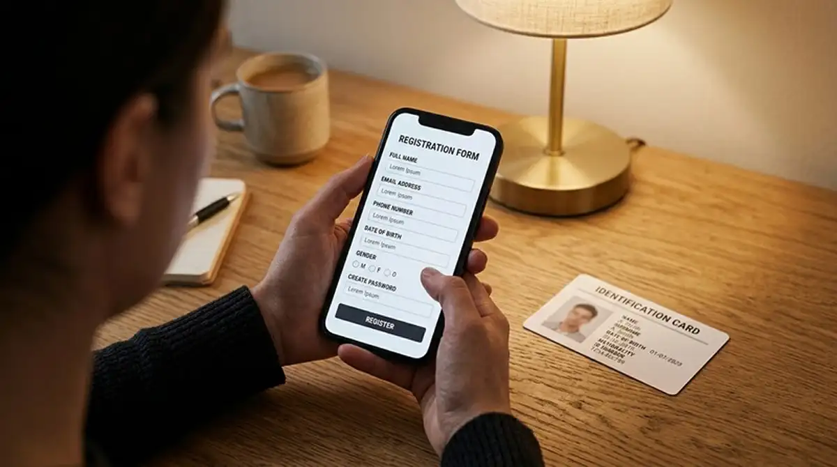 Smartphone in der Hand mit dem Registrierungsformular eines Casinos, im Hintergrund ein Ausweis auf dem Schreibtisch