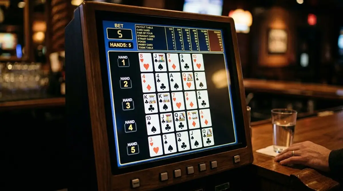 Video-Poker-Interface mit Multi-Hand-Anzeige und fünf parallelen Händen