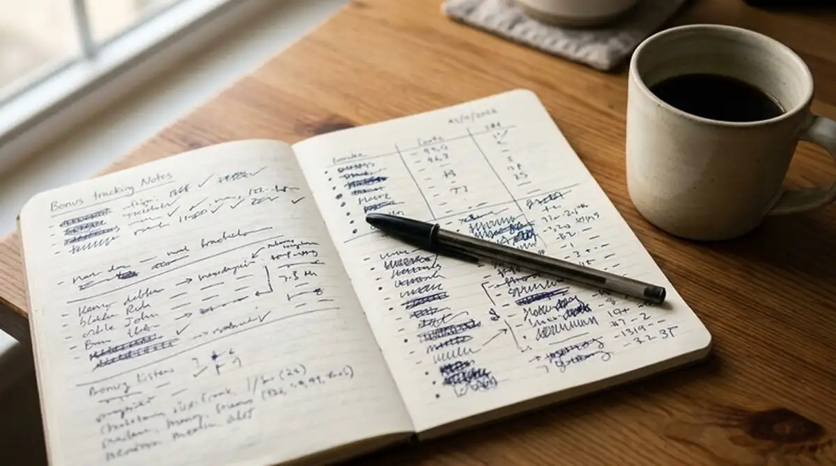 Notizbuch mit handschriftlichem Wagering-Tagebuch und Stift, neutrale Schreibtischumgebung