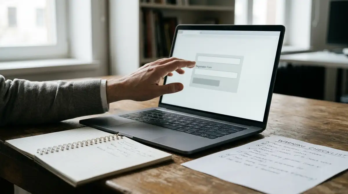 Neutrales Warnhinweis-Dokument neben Laptop ohne Markenlogo