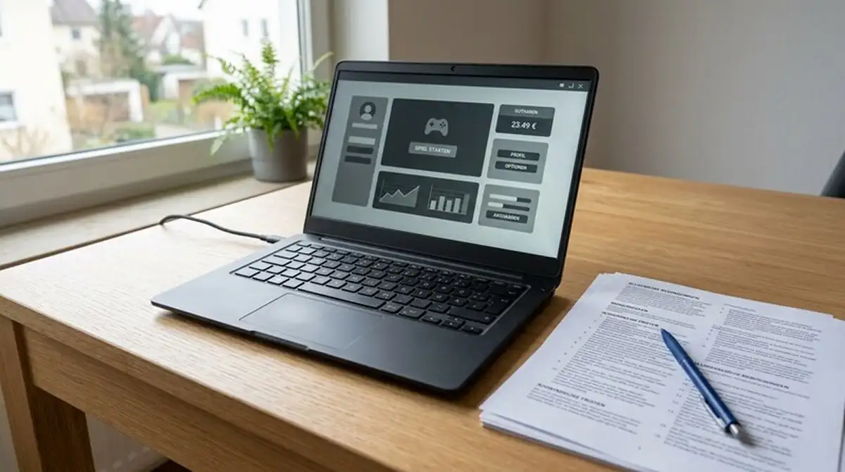 Offene Bonusbedingungen neben einem Laptop mit neutraler Spieloberfläche