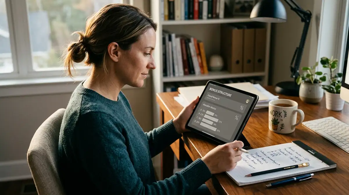 Person prüft Bonusbedingungen auf Tablet mit neutralem Interface und Notizblock