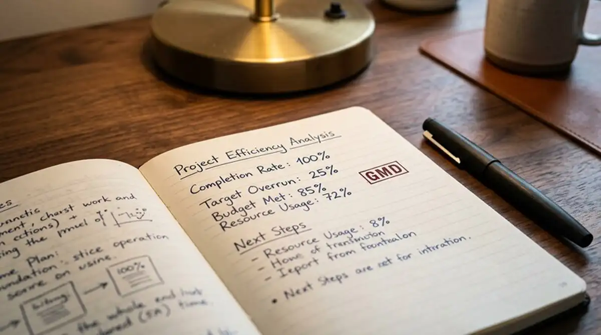 Notizbuch mit handschriftlichen Prozentwerten und einem Stempel "GGL" daneben