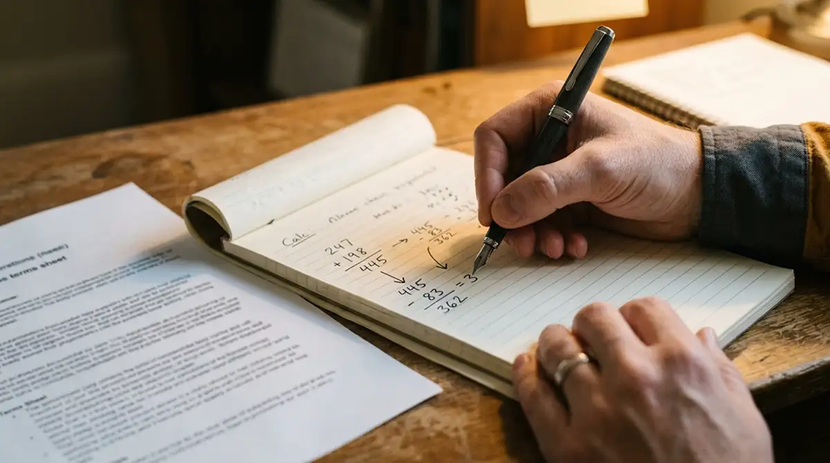 Notizblock mit handschriftlicher Berechnung von Umsatzbedingungen