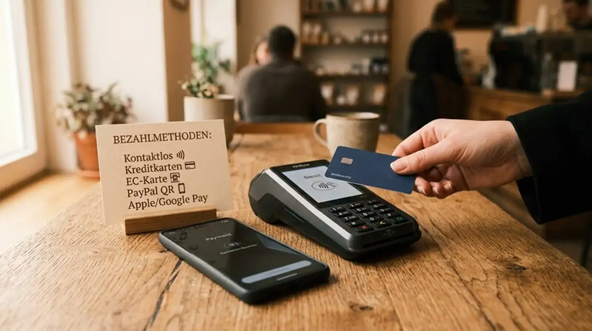 Smartphone neben Kartenterminal und ausgedruckter Zahlungsmethoden-Liste