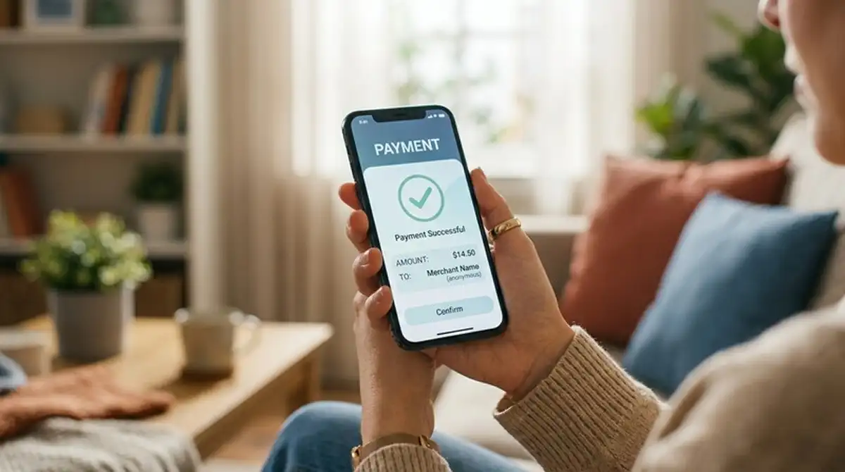 Smartphone-Bildschirm mit geöffneter Zahlungs-App, neutrale Szene ohne erkennbares Branding