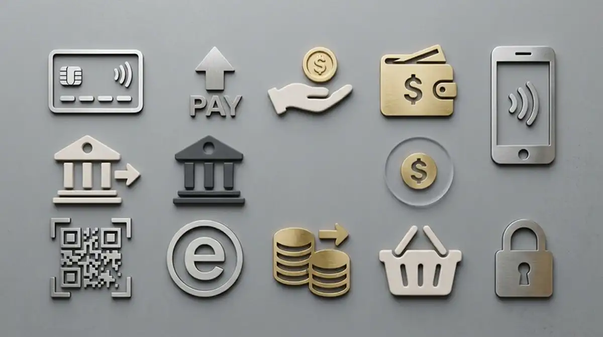 Symbolische Übersicht der Zahlungsmethoden ohne echte Karten oder Logos