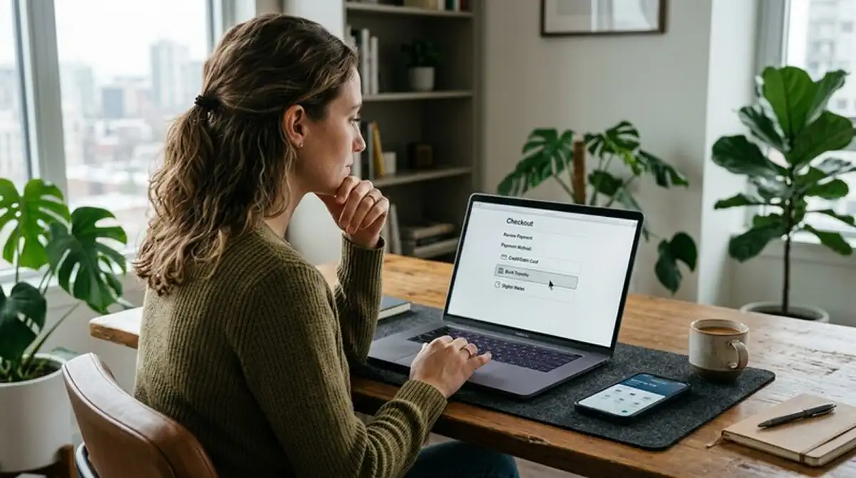 Person am Laptop wählt eine neutrale Bezahlmethode ohne sichtbare Kartenlogos