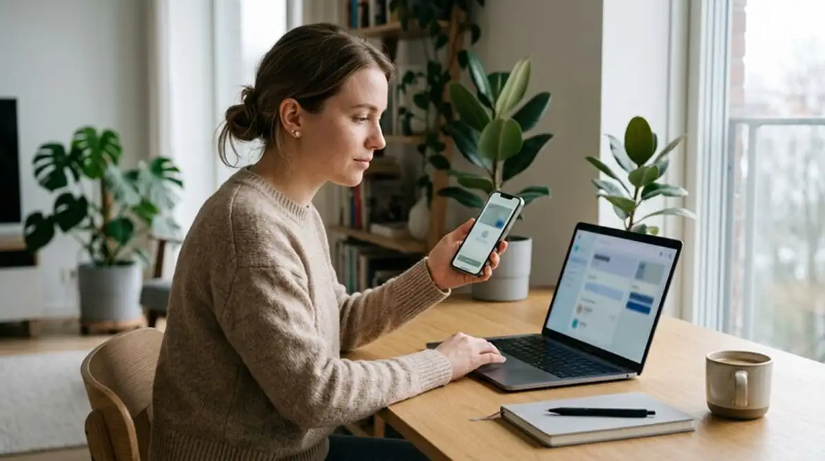 Person bestätigt eine Online-Zahlung am Laptop mit dem Smartphone in der Hand