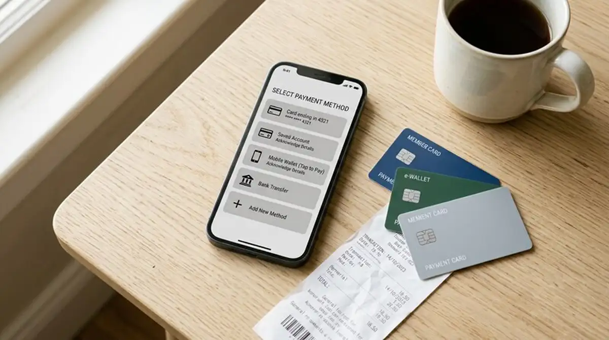 Smartphone-Bildschirm mit aufgelisteten Zahlungsmethoden, daneben E-Wallet-Karten und ein Kassenbon