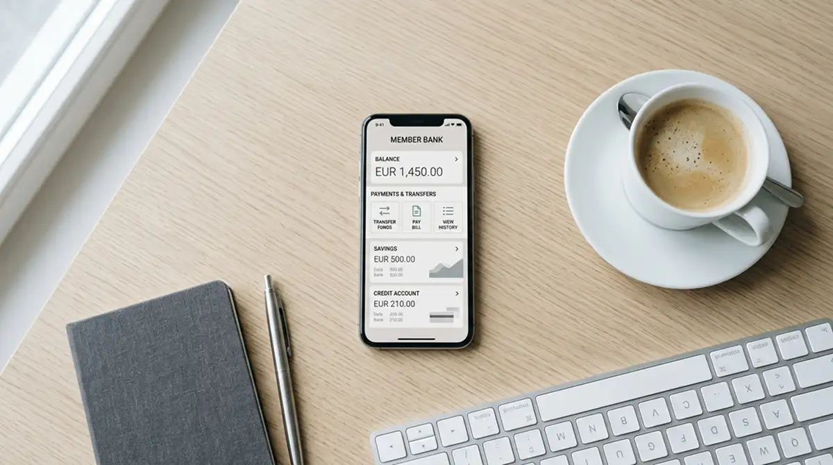 Smartphone mit neutraler Banking-App neben Tastatur und Kaffeetasse auf hellem Schreibtisch