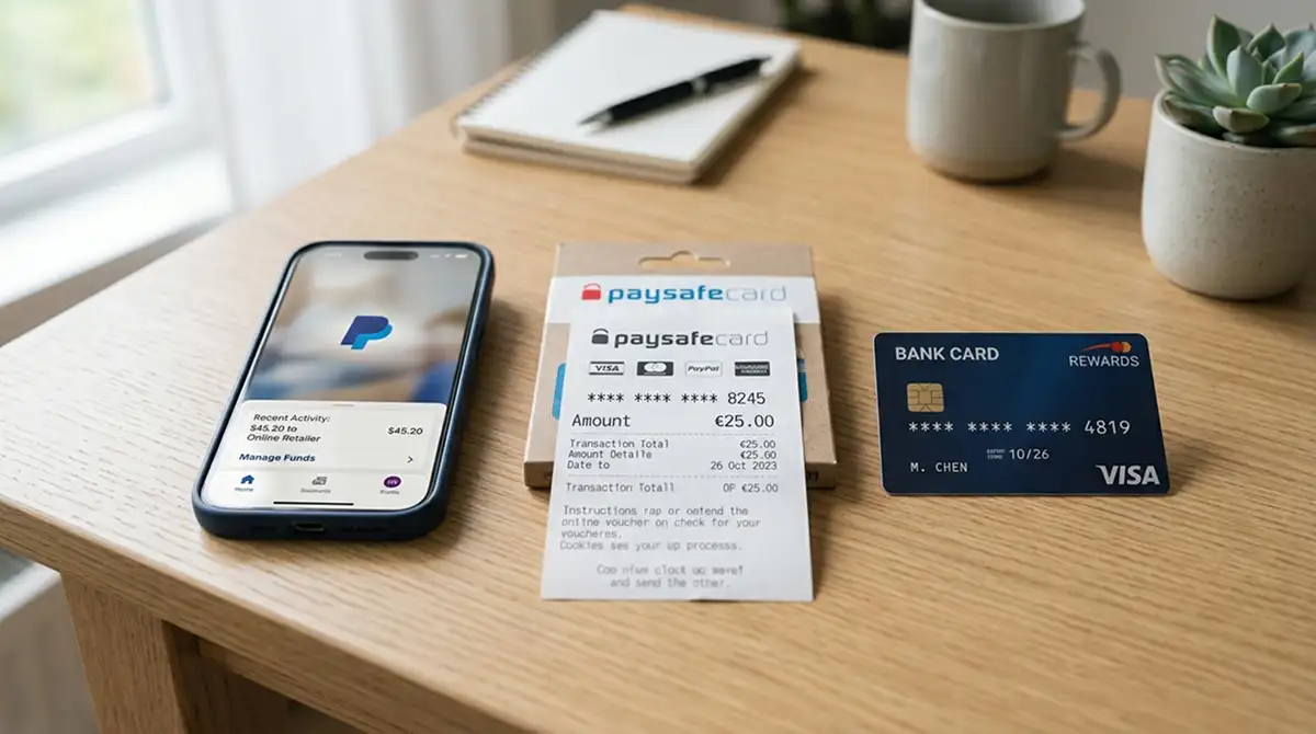 Smartphone mit PayPal-App neben Paysafecard-Voucher und Kreditkarte auf Tisch