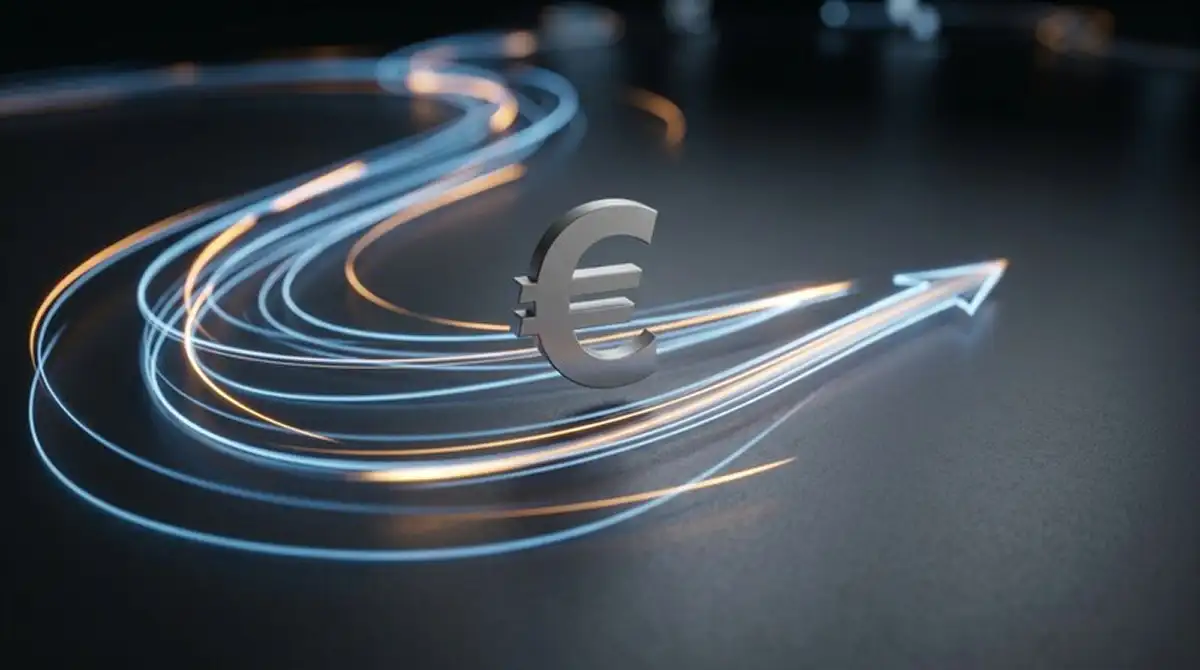 Abstrakte Darstellung eines digitalen Zahlungsvorgangs mit neutralem Euro-Symbol und Zeitpfeil ohne Markenlogos