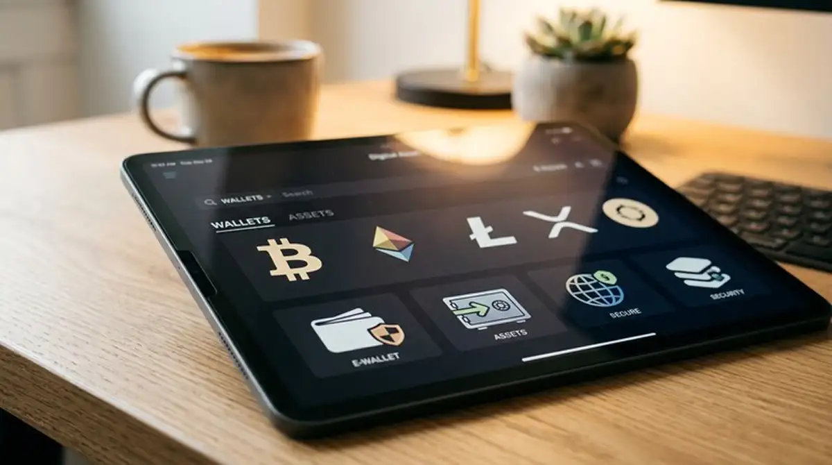 Kryptowährungen und E-Wallet-Symbole auf Bildschirm