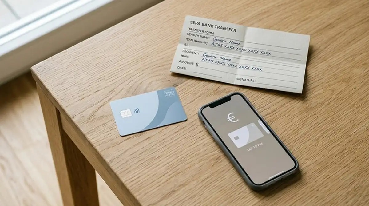 Flat-Lay mit kontaktloser Karte, Smartphone und Überweisungsbeleg