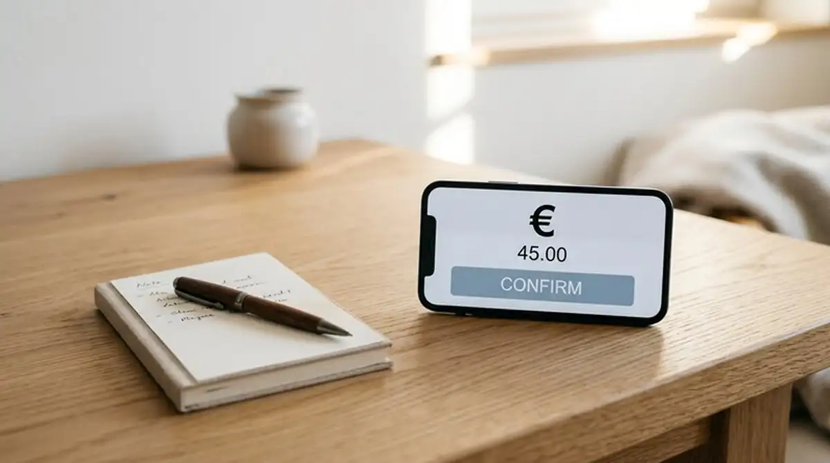 Smartphone mit neutraler Bezahlansicht neben einem Notizblock am Schreibtisch