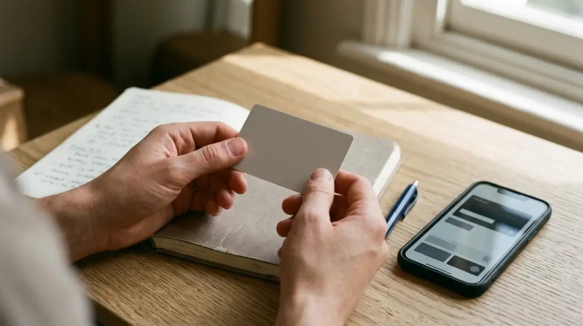 Hände halten eine unbedruckte Prepaid-Karte neben einem Smartphone mit neutraler Bankanwendung