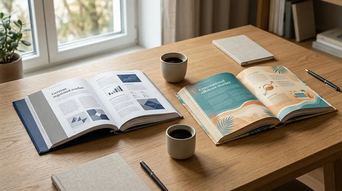 Zwei offene Bücher auf einem Schreibtisch, die zwei Welten des 30-€-Bonus symbolisierend — GGL und Curaçao — flankiert von einer Keramiktasse Kaffee, morgendliches ruhiges Licht.