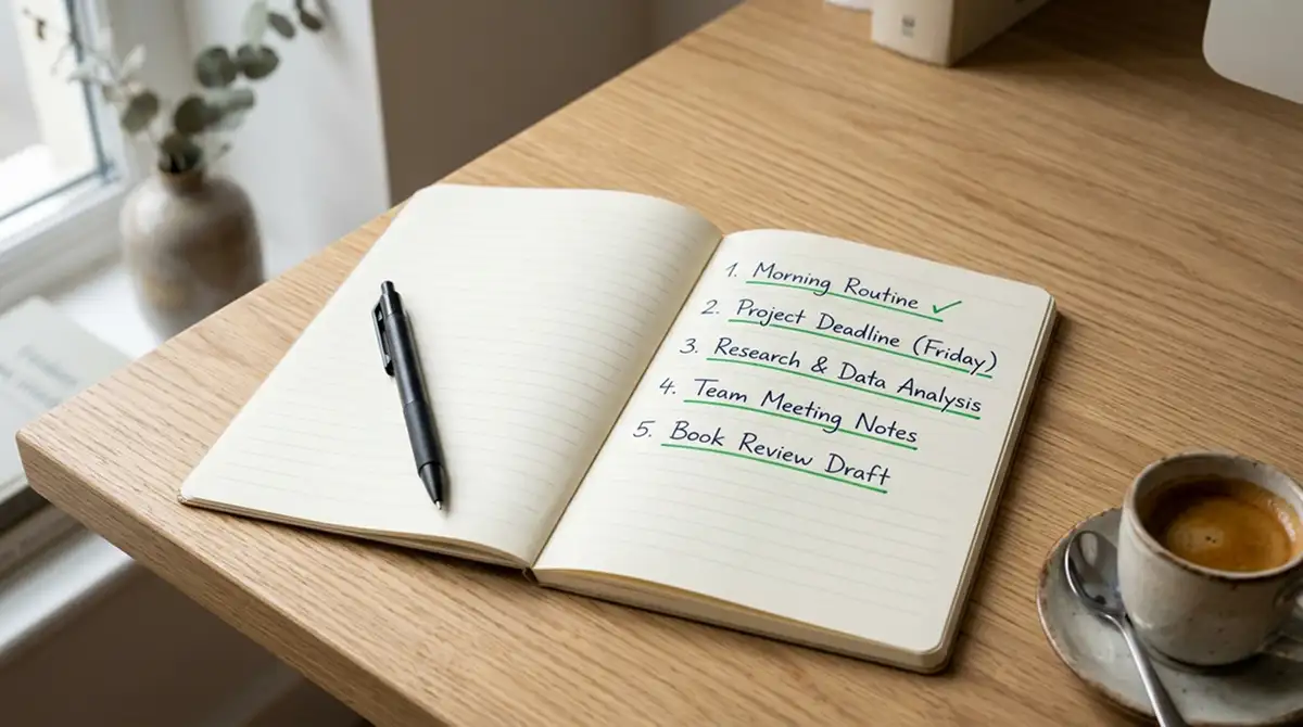 Notizbuch mit fünf aufgelisteten Punkten und einem Stift daneben